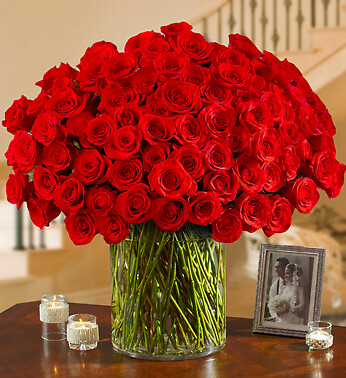 100 Red Roses in a Vase