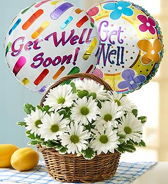 Basket Full of Daisies with Get Well Balloon